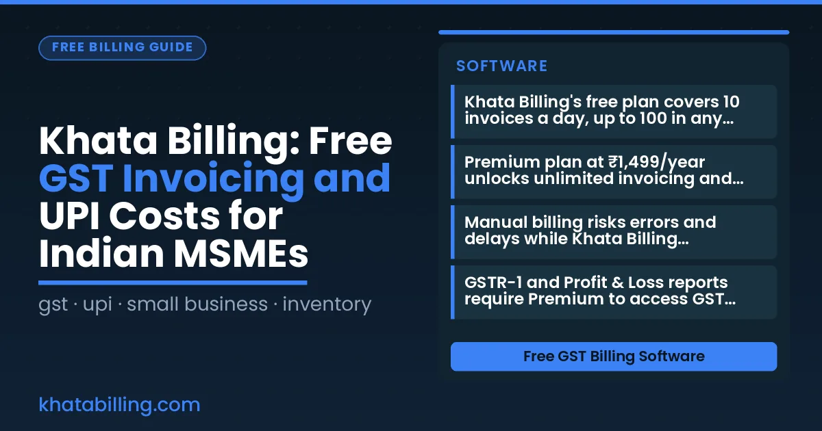 Small shop owner using Khata Billing on a tablet for GST invoicing and UPI payments
