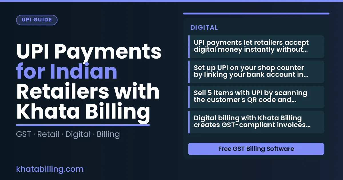Retail shop counter with tablet showing Khata Billing app, UPI payment screen, and product inventory list